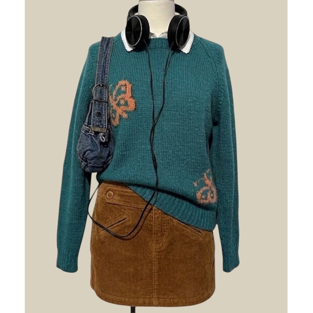Vintage Teal Butterfly Knit Crew Neck Raglan Sweater medium Whimsy Cottagecore